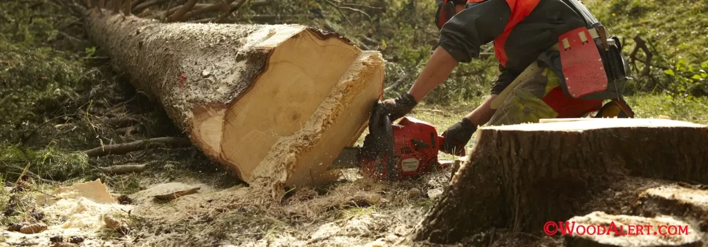 Foresting worker logging tree with chainsaw