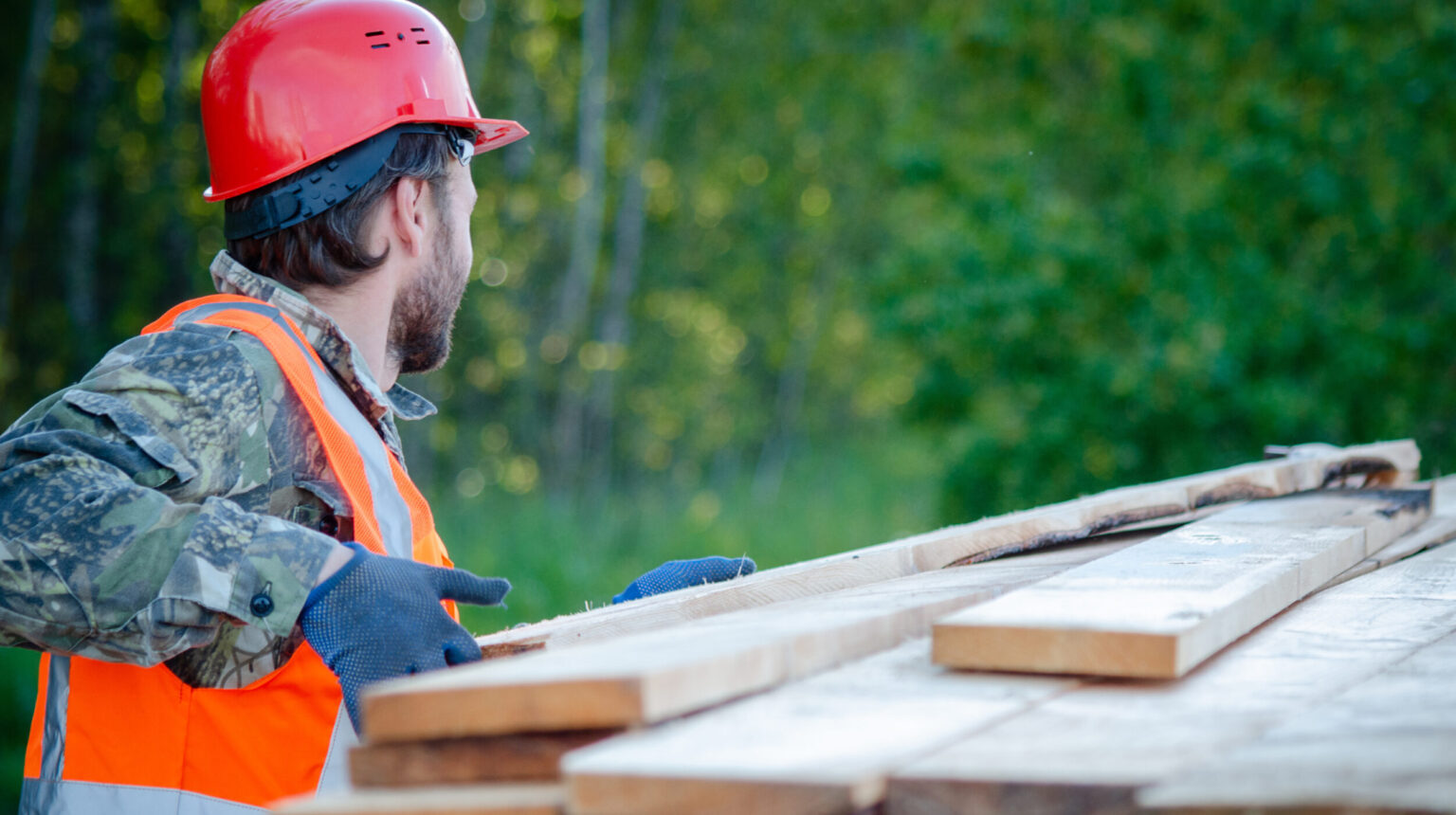 Foresting worker piles wood bord up